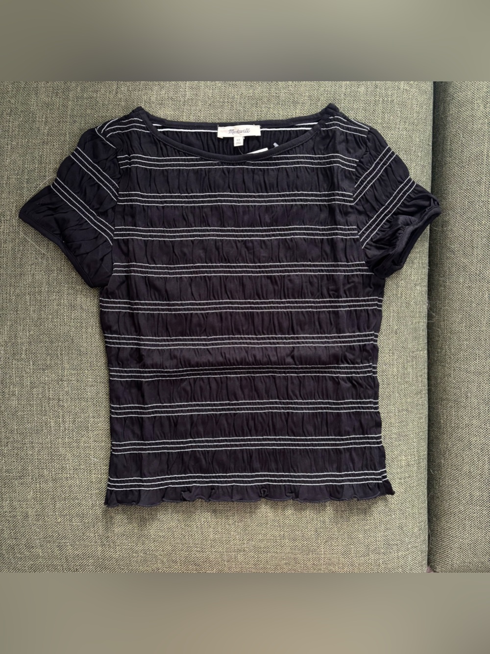 Madewell XS black ruched shirt with white stripes